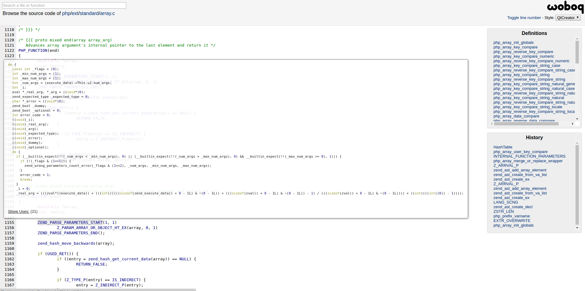 screenshot of woboq's CB with php stuff